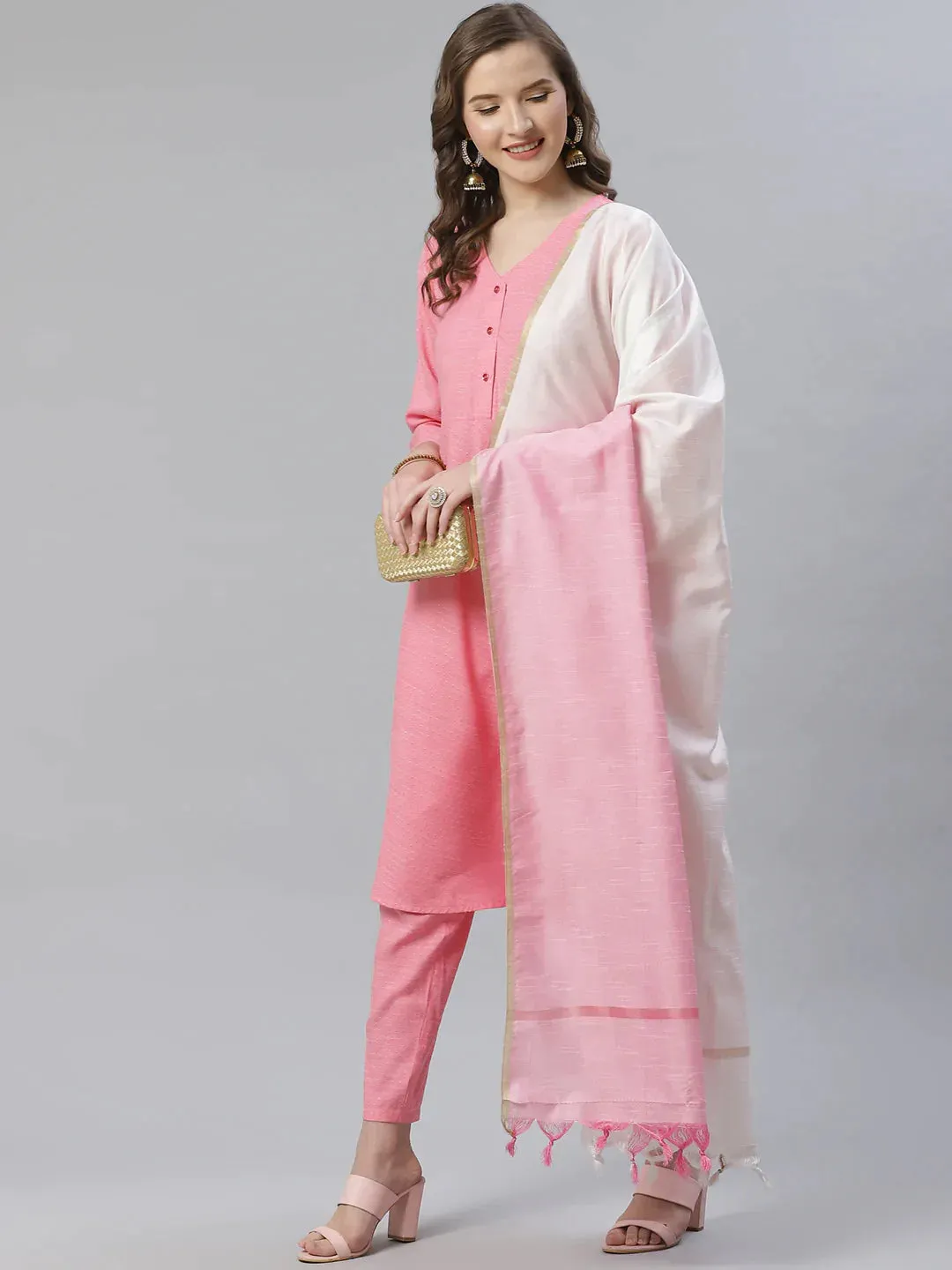 Women Pink & White Self Design Kurta With Trousers & Dupatta