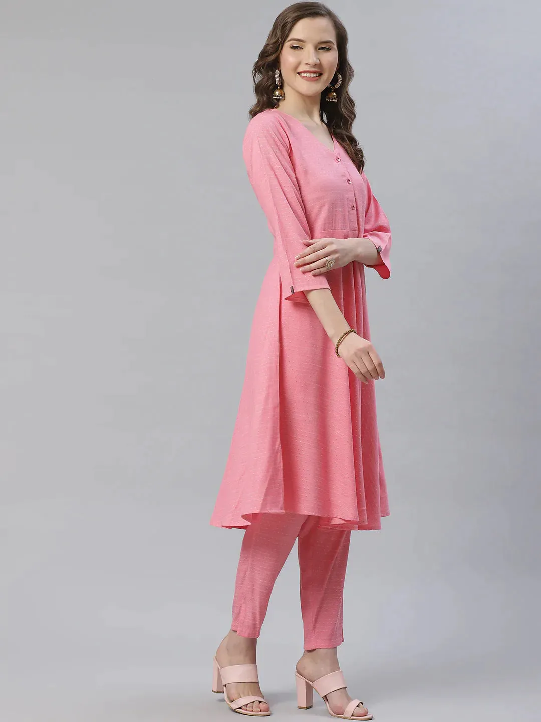 Women Pink & White Self Design Kurta With Trousers & Dupatta