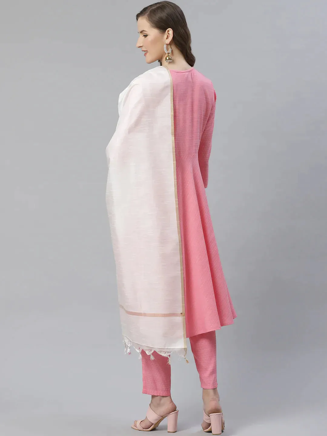 Women Pink & White Self Design Kurta With Trousers & Dupatta