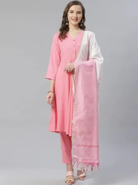 Women Pink & White Self Design Kurta With Trousers & Dupatta