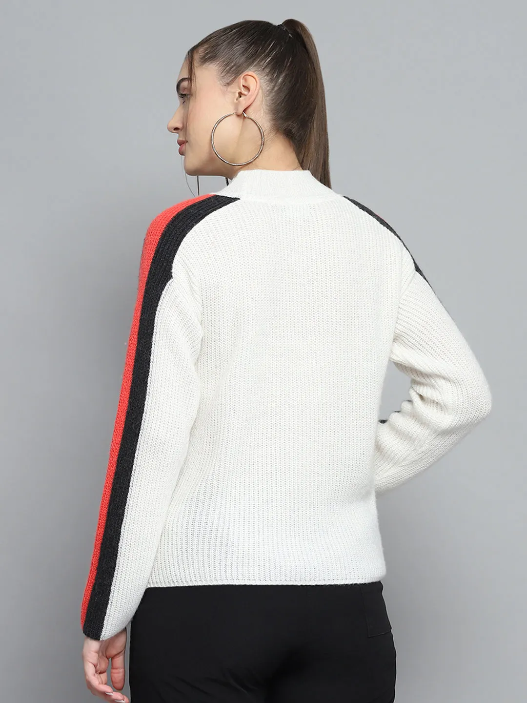 Women White Solid Round Neck Full Sleeve Pullover