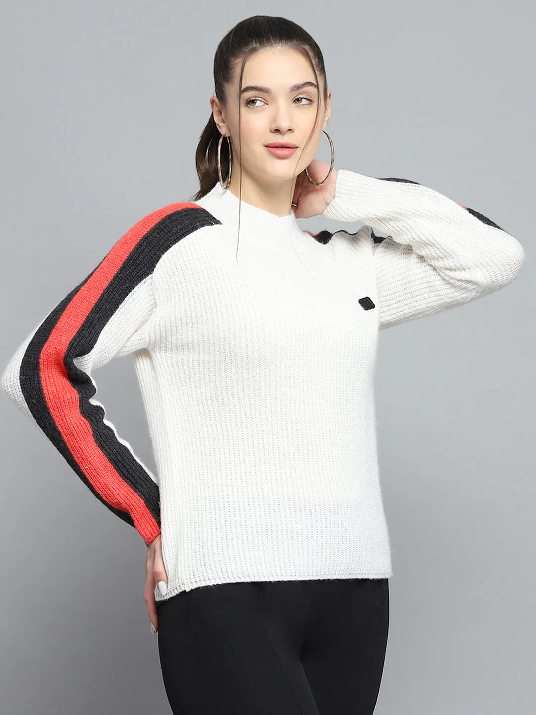 Women White Solid Round Neck Full Sleeve Pullover