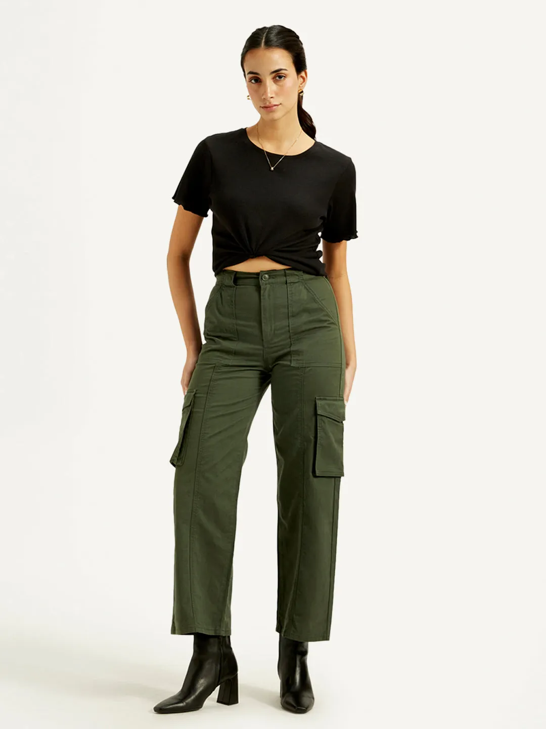 Women's High Rise Olive Wide Leg Cargo Trousers