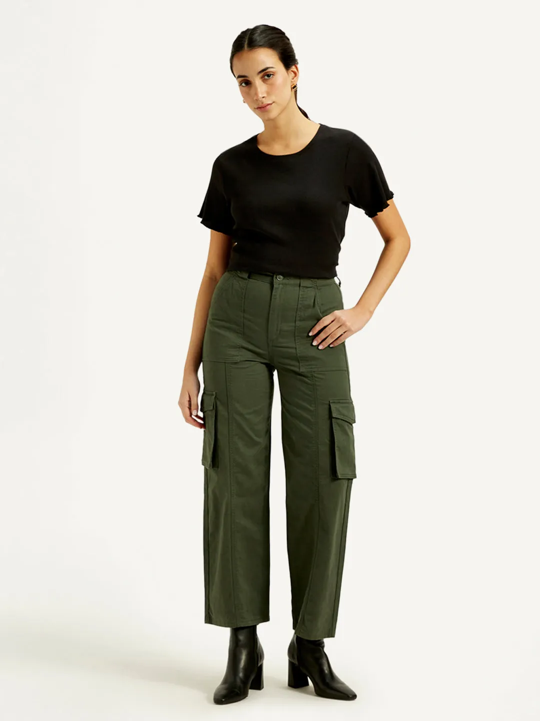 Women's High Rise Olive Wide Leg Cargo Trousers