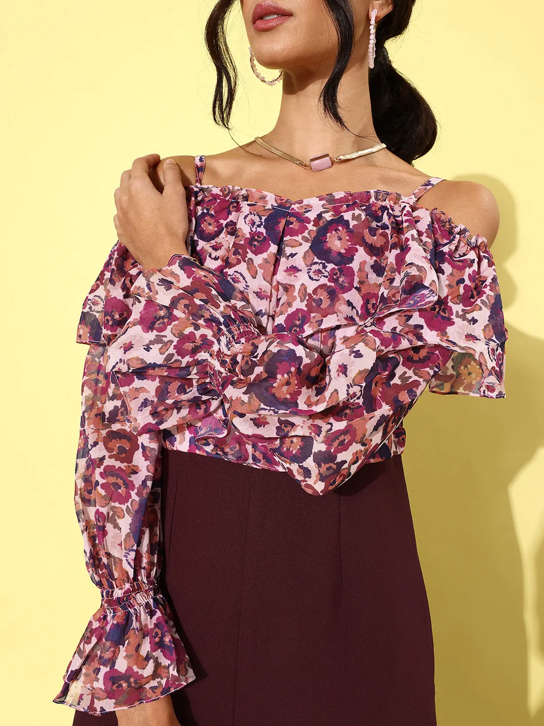 Women's Multicolored-Base-Wine Off-Shoulder Ruffled Sleeve Floral Print Frilled Regular Jumpsuit