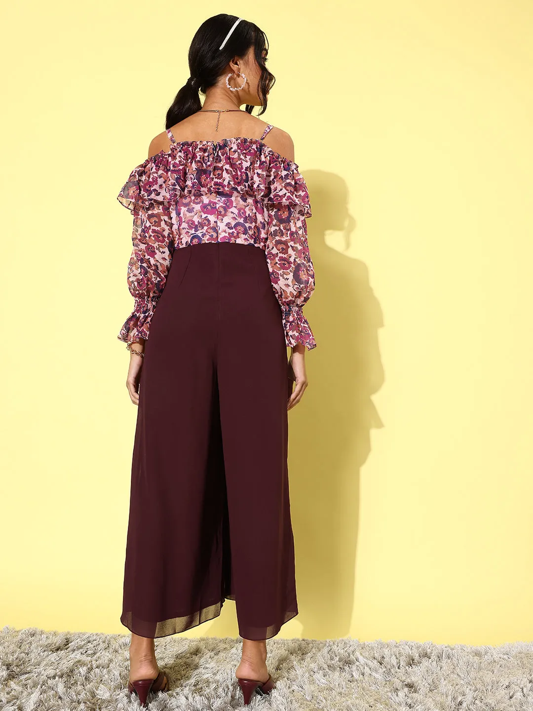 Women's Multicolored-Base-Wine Off-Shoulder Ruffled Sleeve Floral Print Frilled Regular Jumpsuit