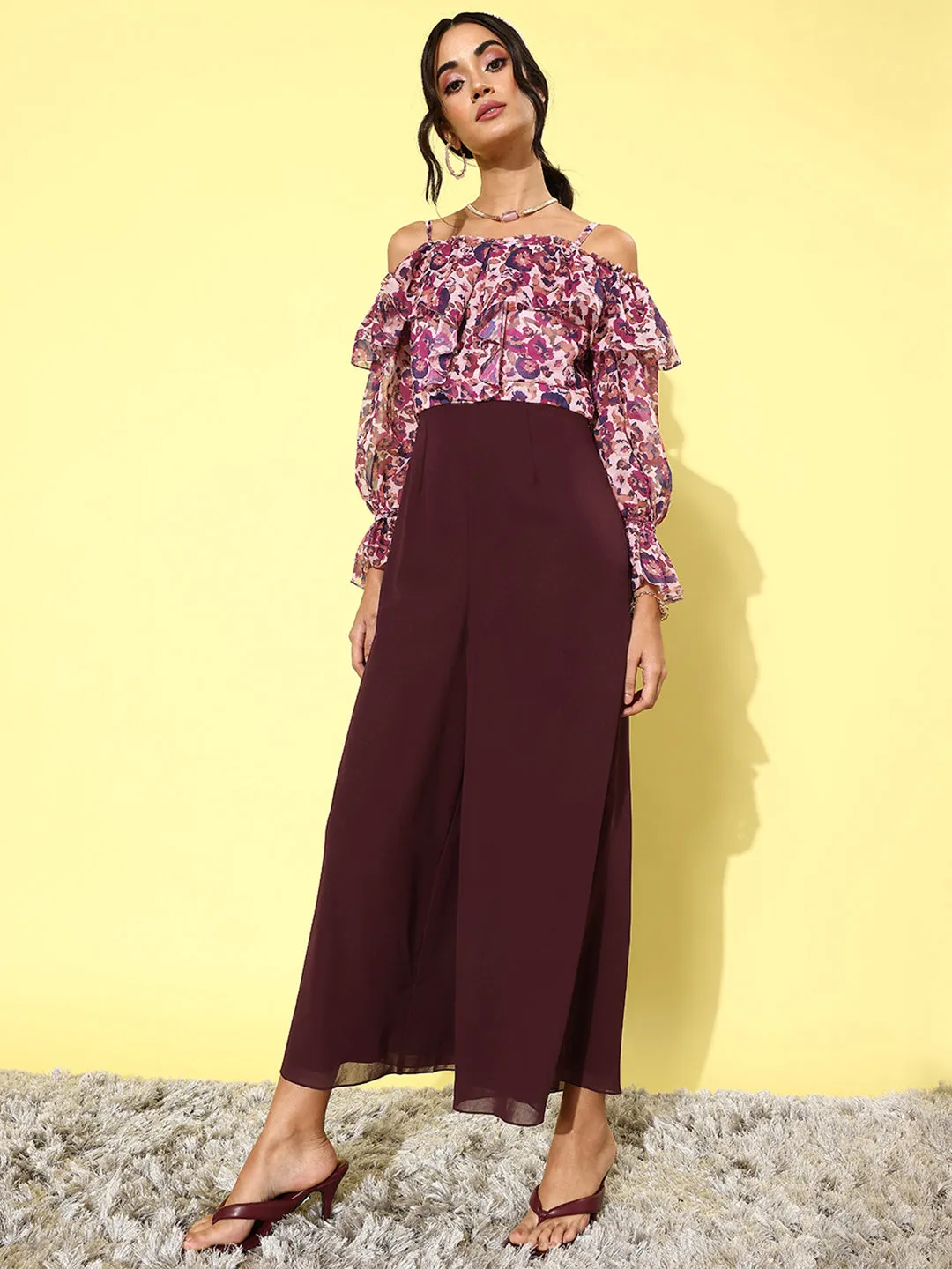 Women's Multicolored-Base-Wine Off-Shoulder Ruffled Sleeve Floral Print Frilled Regular Jumpsuit