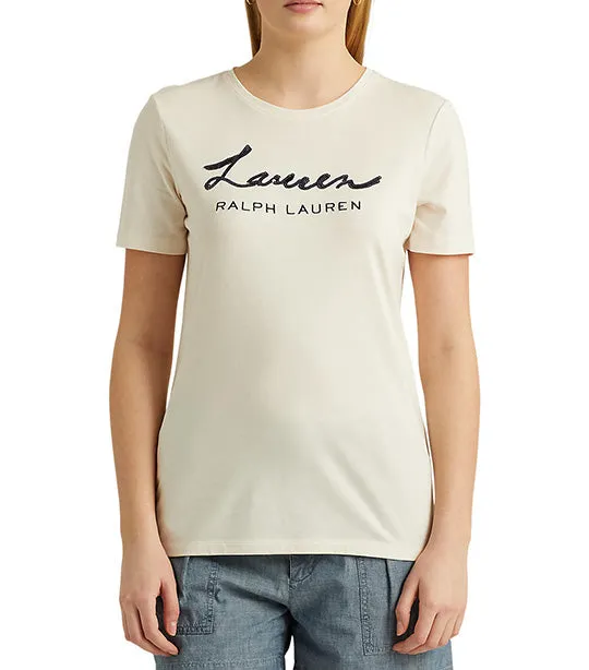 Women's Sequined Logo Jersey Tee Mascarpone Cream