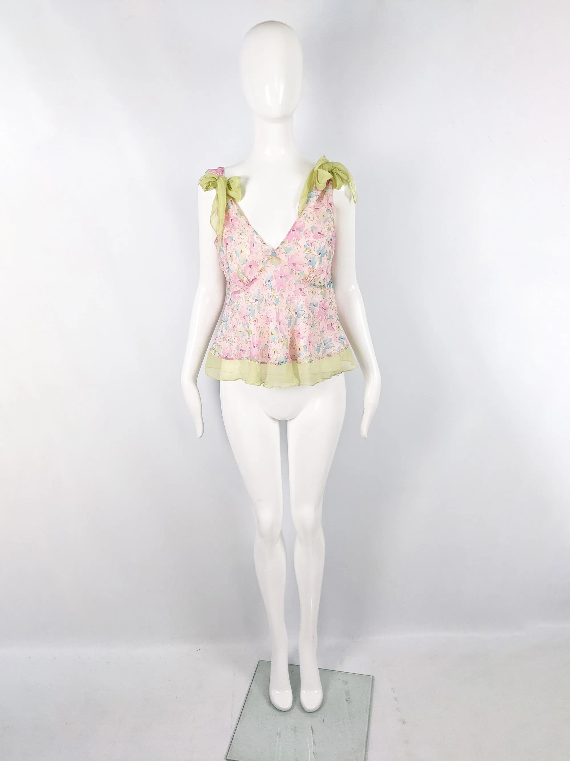 Womens Vintage Pastel Pink & Green Bow Blouse, 2000s