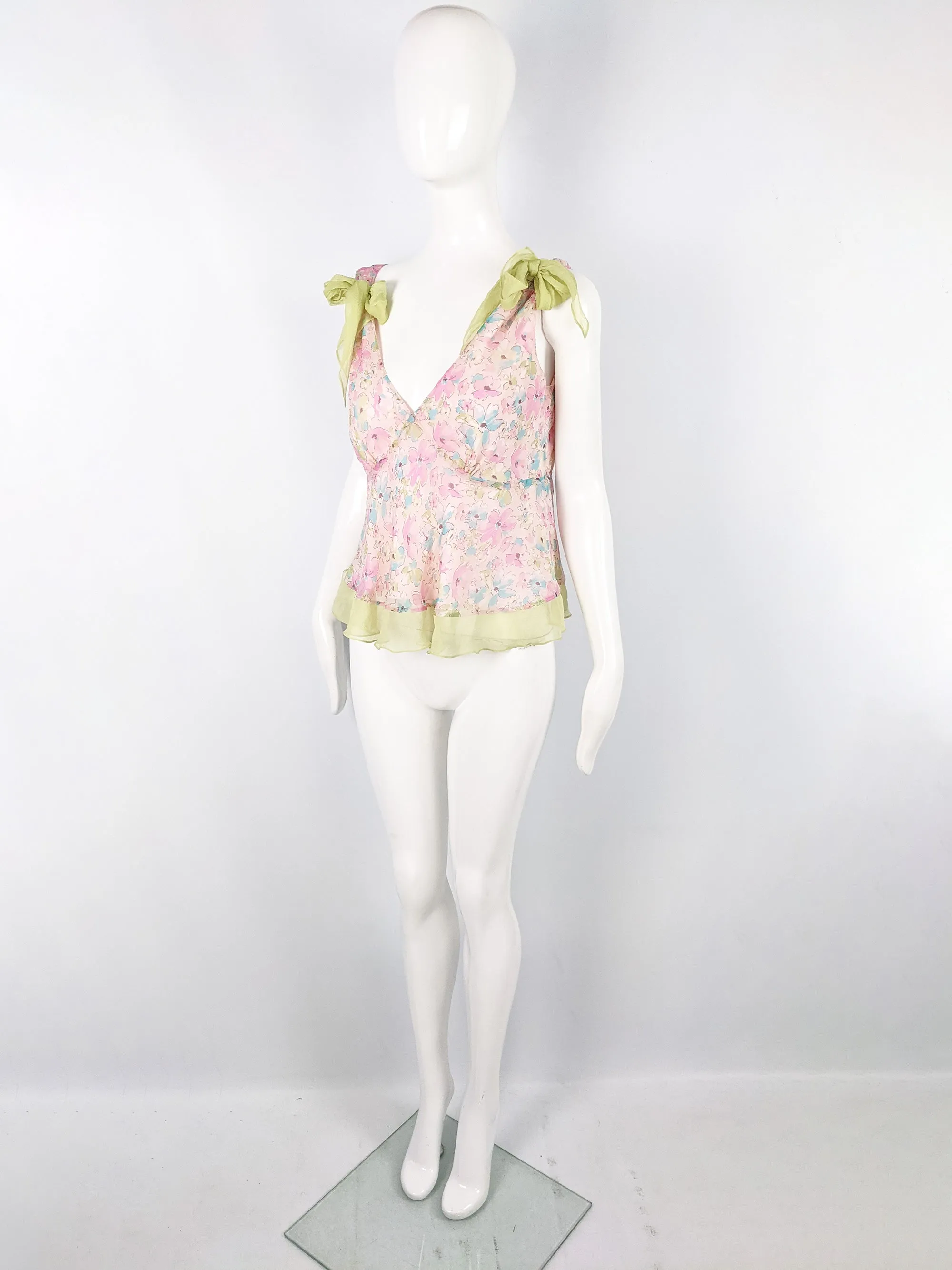 Womens Vintage Pastel Pink & Green Bow Blouse, 2000s