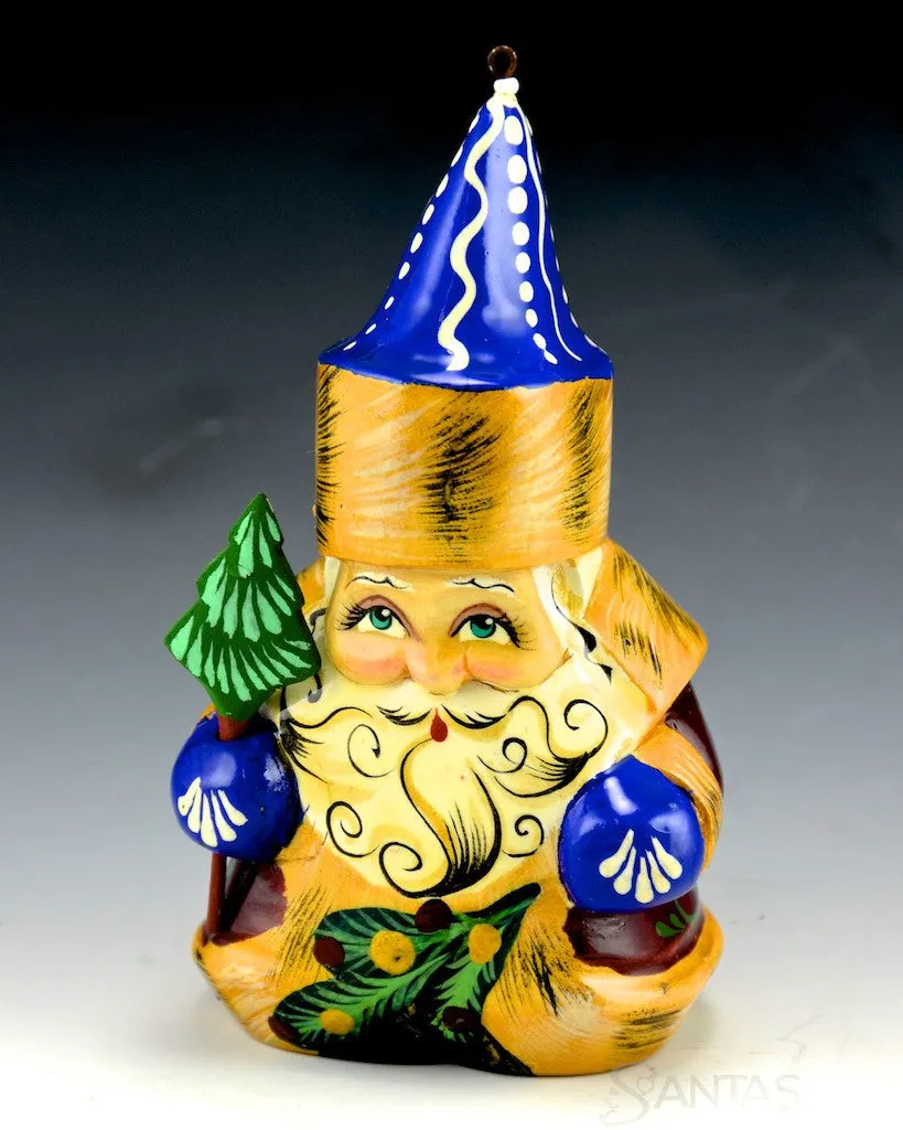 Wood Santa and Tree Ornament - blue-gold