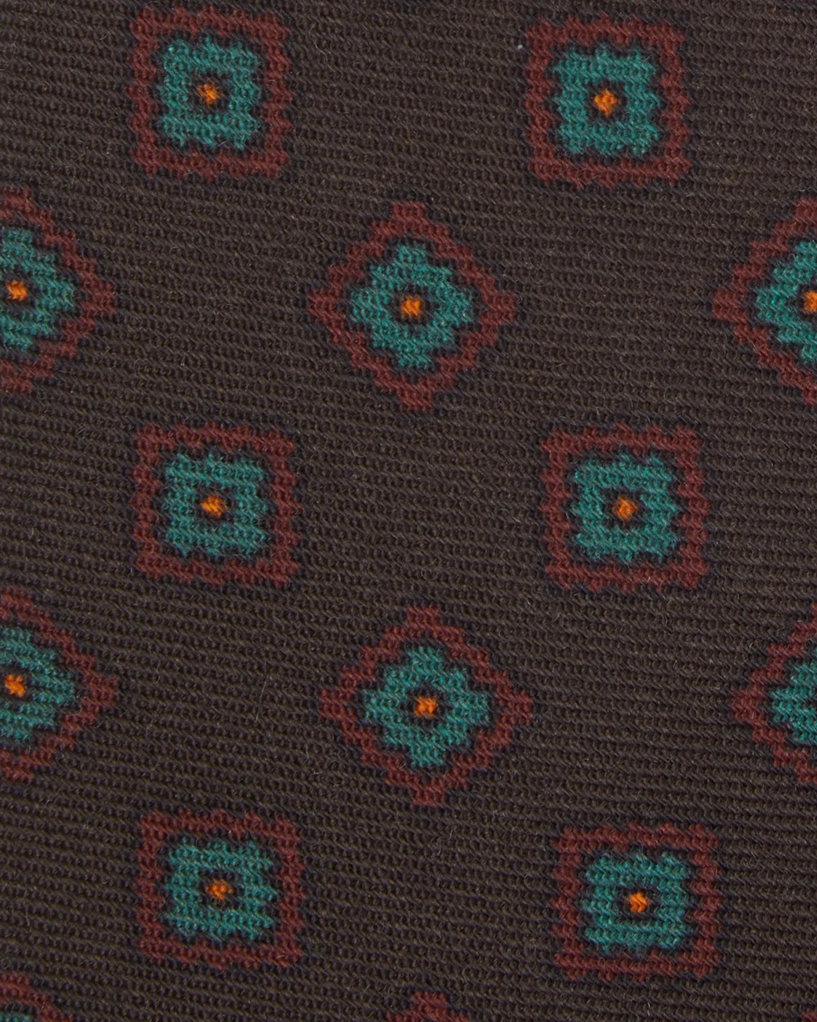 Wool Print Tie in Brown/Green/Red Square