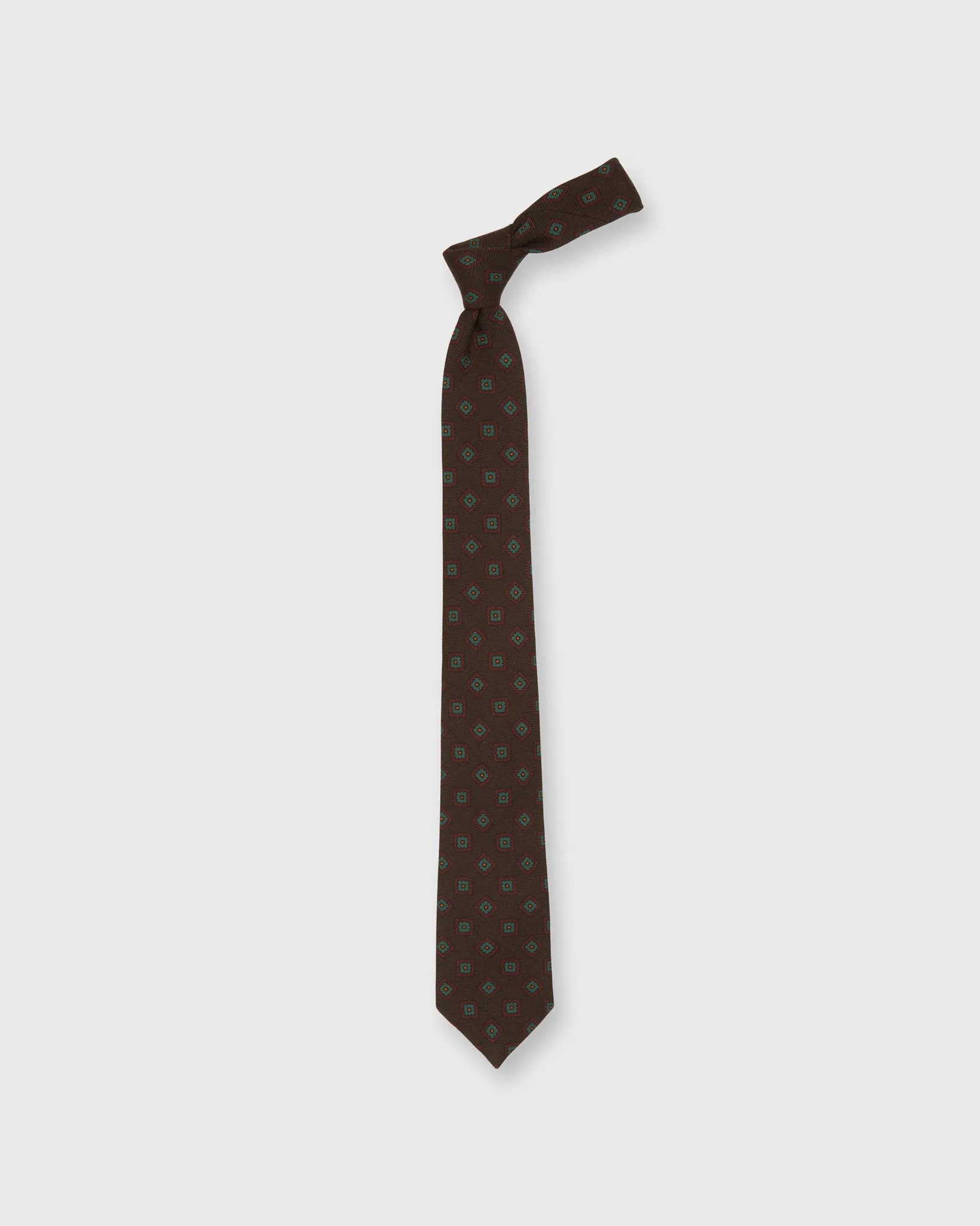 Wool Print Tie in Brown/Green/Red Square