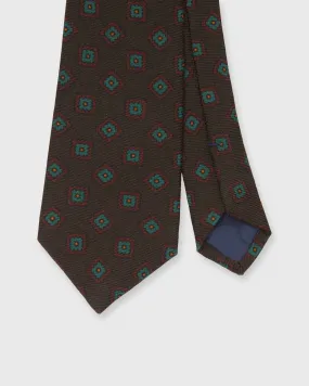 Wool Print Tie in Brown/Green/Red Square