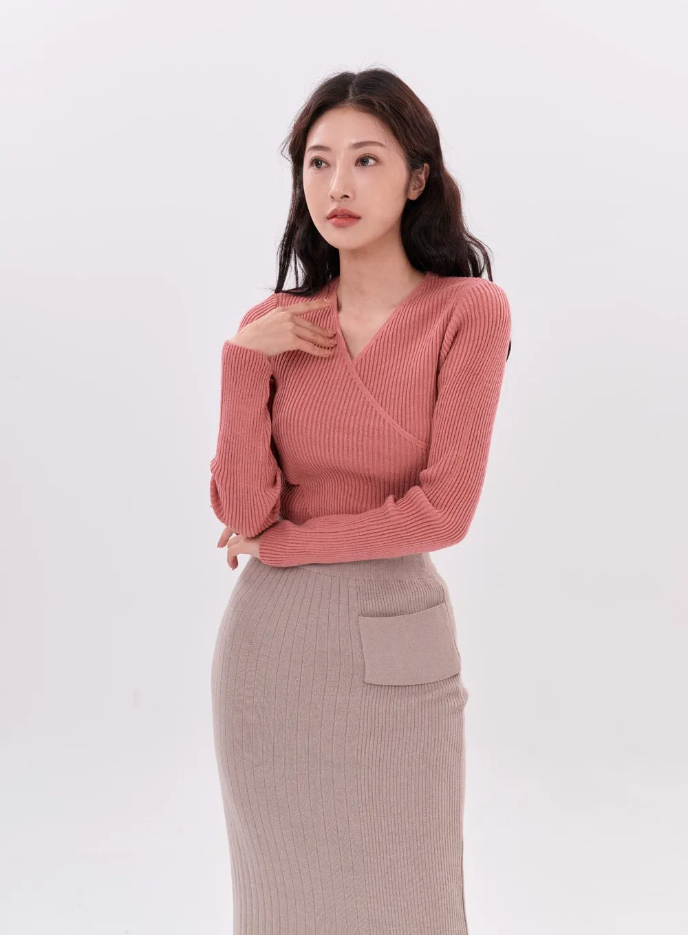 Wrap Neckline Long Sleeve Knit T-Shirt IS15