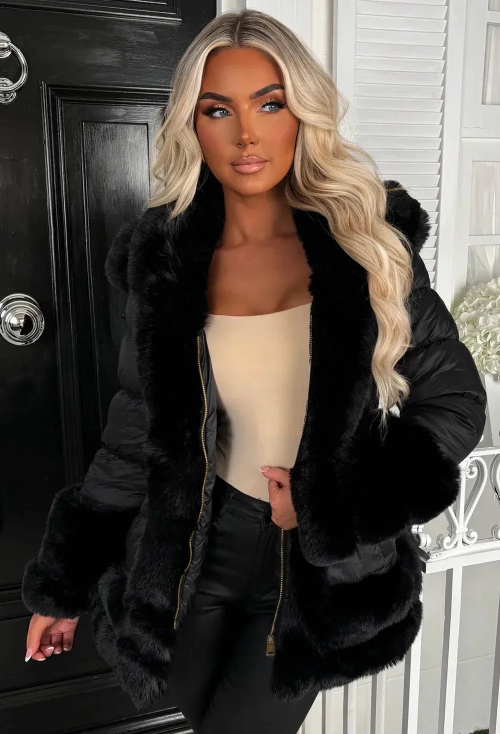 Wrapped In Magic Black Faux Fur Trimmed Belted Puffer Coat