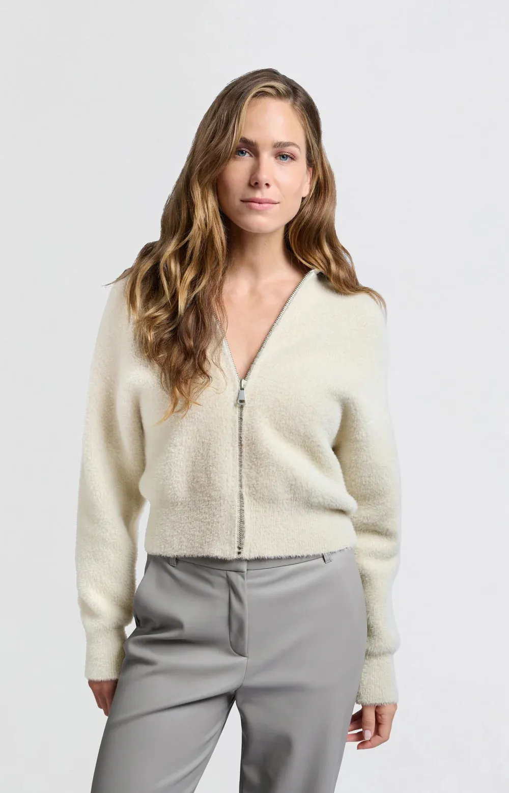 YAYA FLUFFY BEIGE CARDIGAN WITH FAUX LEATHER COLLAR