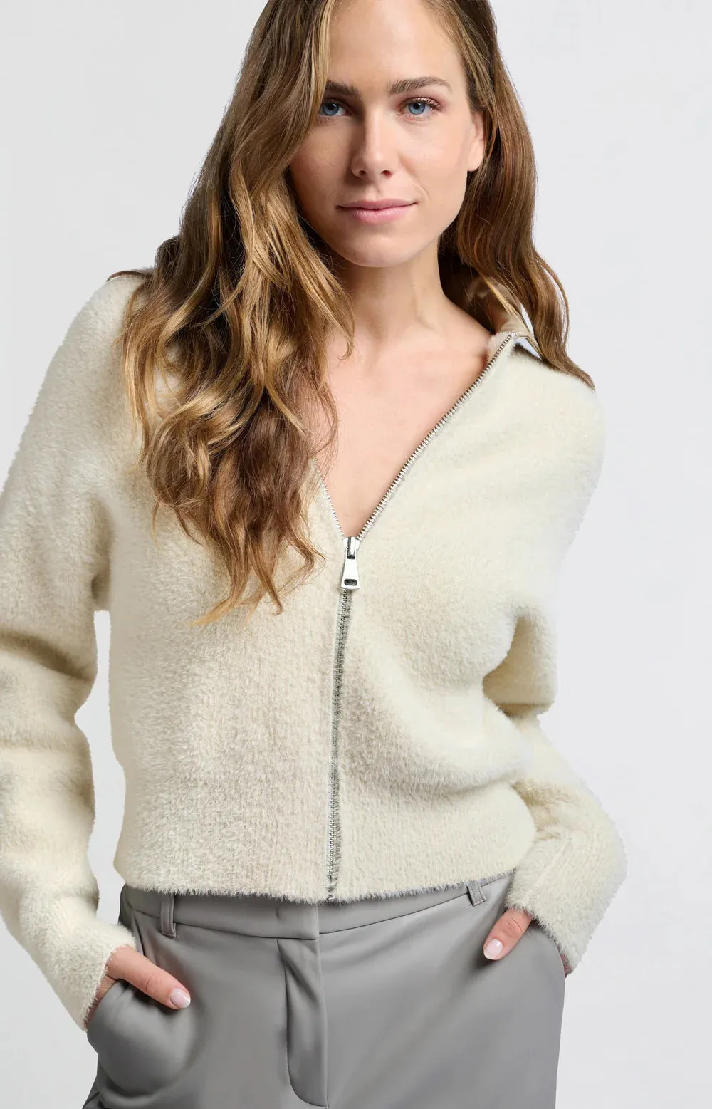 YAYA FLUFFY BEIGE CARDIGAN WITH FAUX LEATHER COLLAR