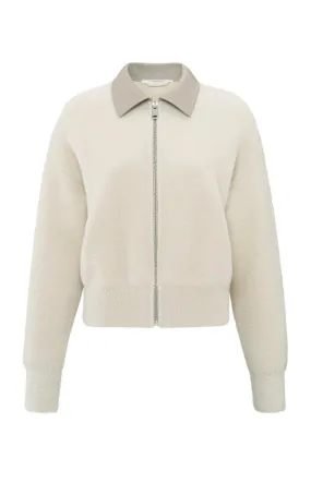 YAYA FLUFFY BEIGE CARDIGAN WITH FAUX LEATHER COLLAR